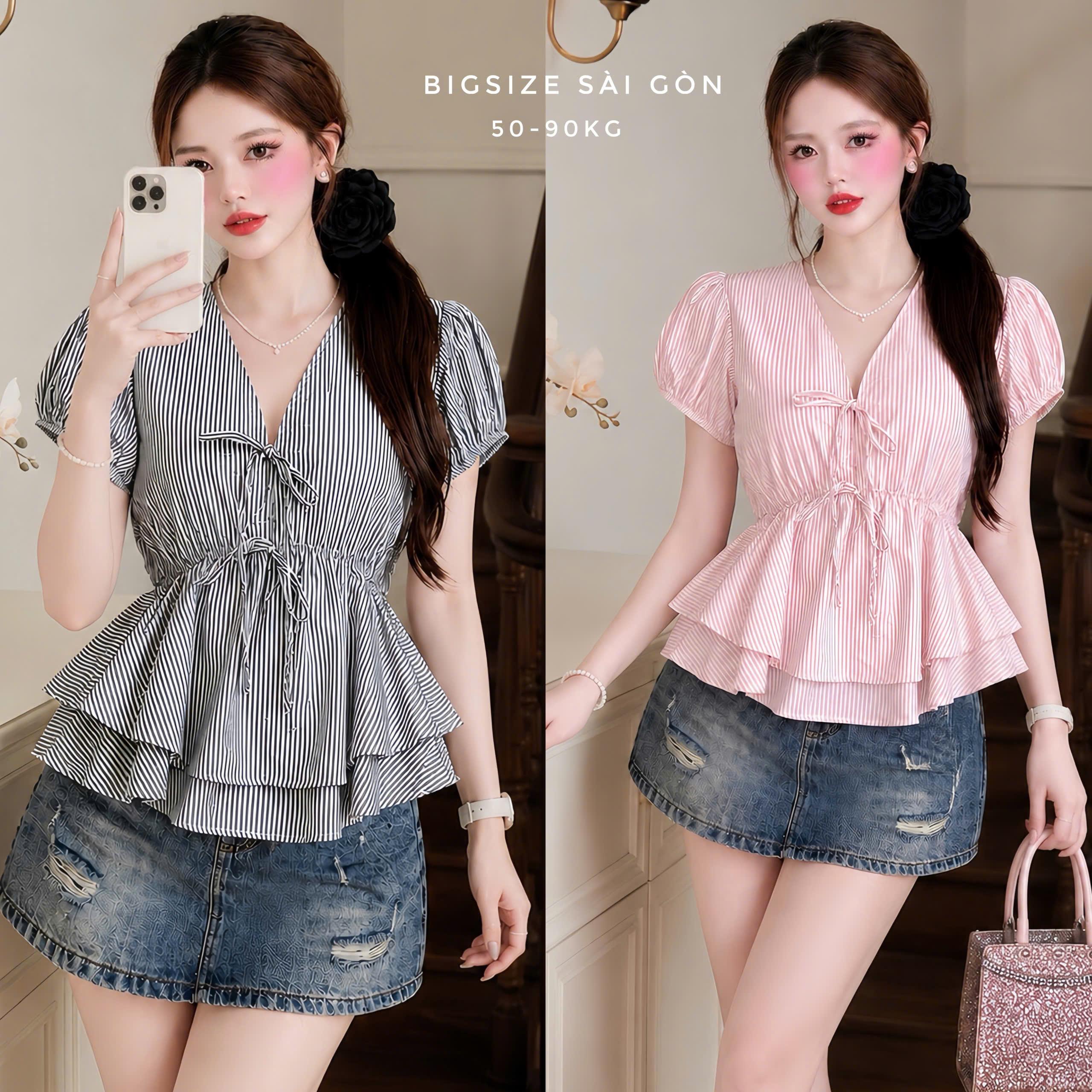 Áo Sơ Mi Nữ Sọc Nhí Thắt Nơ 2 Tầng Tay Phồng Có Bigsize 50–90kg - B.1876