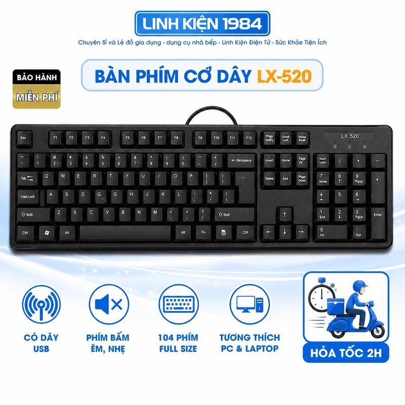 Bàn Phím Máy Tính Văn Phòng LX-520 Có Dây USB Full Size 104 Phím Gõ Êm Cho PC…