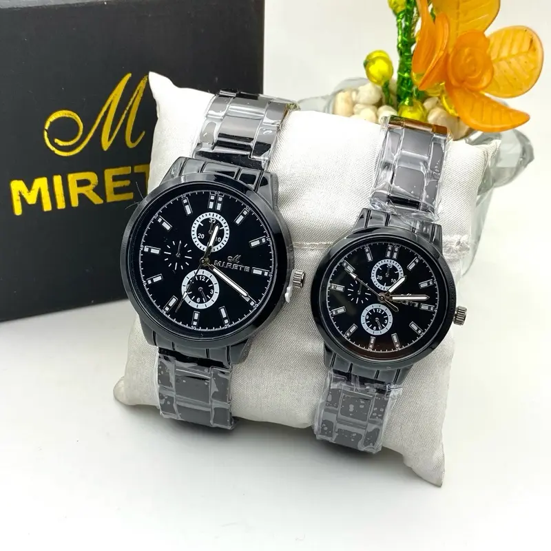 Mirete Jam Tangan Couple Stainless Rantai Full Hitam Analog Casual Elegant Jam Pasangan Murah Meriah Watches