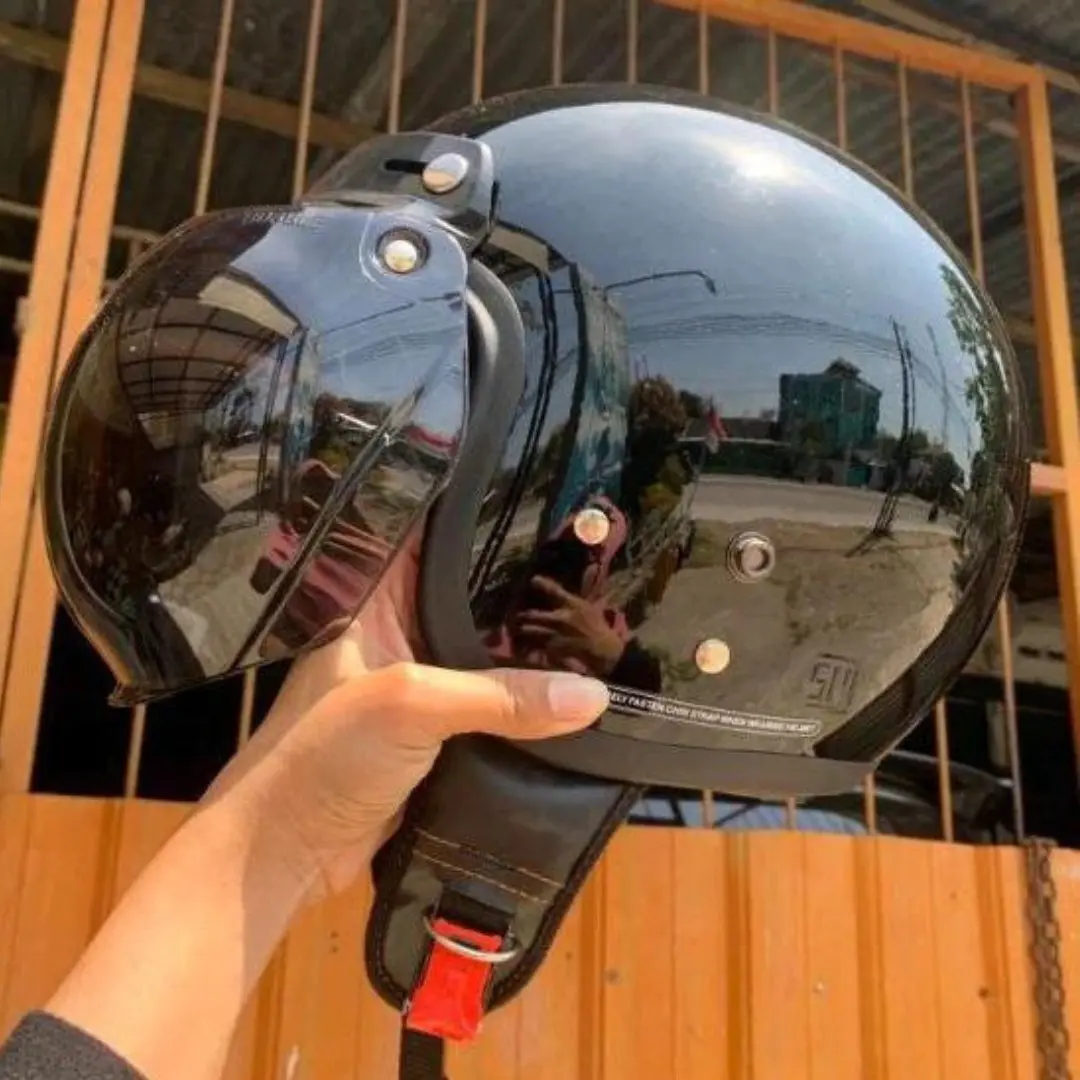 HELM BOGO CARGLOS DEWASA RETRO PRIA WANITA FULL LEHER SNI KUALITAS PREMIUM HITAM GLOSSY KACA CEMBUNG MOTORCYCLE Helmet