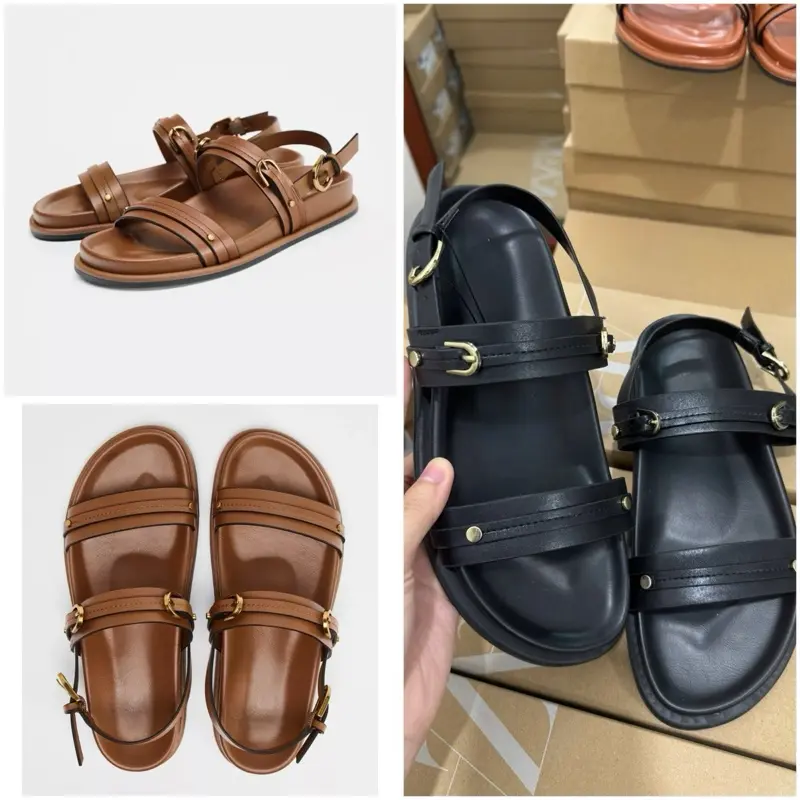 [Lùi Size] Dép sandal Z nữ da Pu màu nâu cao cấp quai ngang đính khoá đế bệt phong cách Vintage 8008