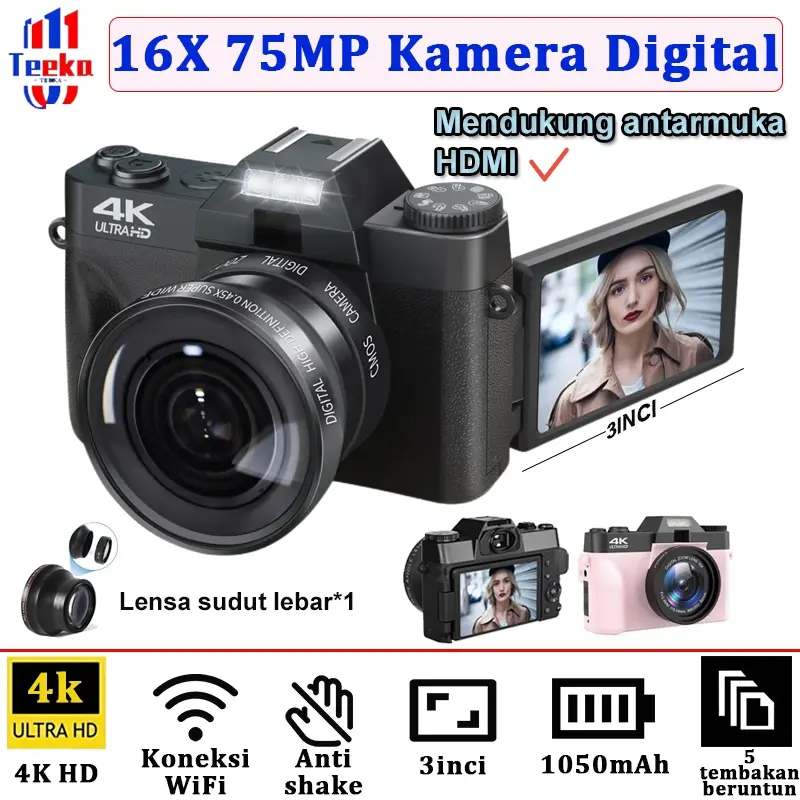TEEKA R10 56/75MP  Digital Kamera Wifi HDMI Video 4K 16X Digital Zoom Dengan Dukungan Selfie Koneksi WIFI untuk Hadiah Pemula Camera Dslr Adaptor 【Dengan Kartu 64GB】