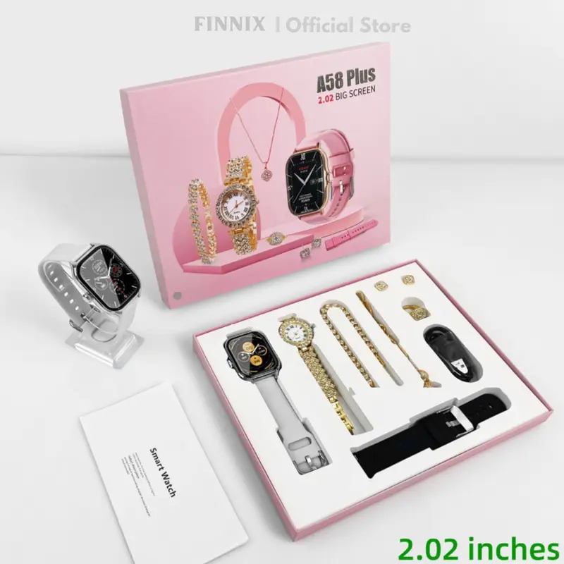 Gift Set A58 Plus jam tangan pintar setelan gelang emas mewah halus 6 in 1 dalam 1 Set kotak hadiah wanita 5