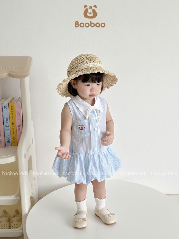 [BAOBAO- HÀNG SẴN] Váy Kẻ Sọc Xanh Cổ Đức Dáng Bí Phồng Thêu Heo Con Xinh Xắn Cho Bé Gái MZ1952 Cotton Thấm Hút Mềm Mại Thoáng Mát Phù Hợp Mùa Hè Size 1-8 Tuổi quần  áo  cho  bé  gái Váy bé gái