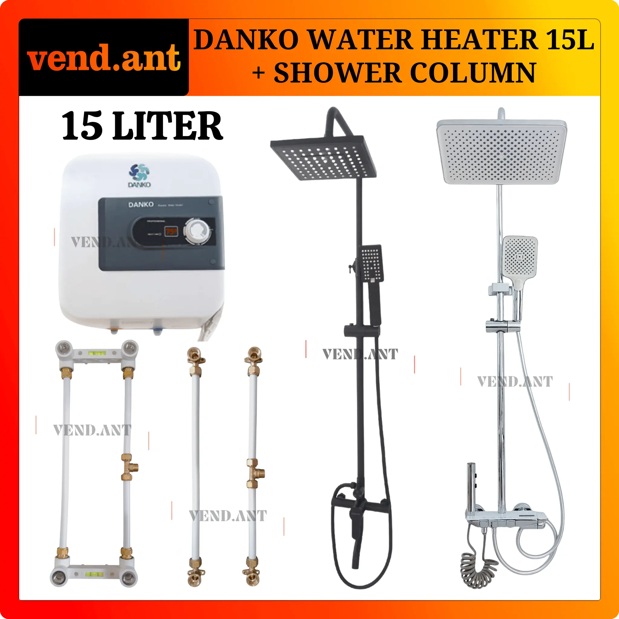 Paket DANKO Water Heater Listrik 15 Liter Lengkap Shower Tiang Column Panas Dingin Instalasi Luar Dalam