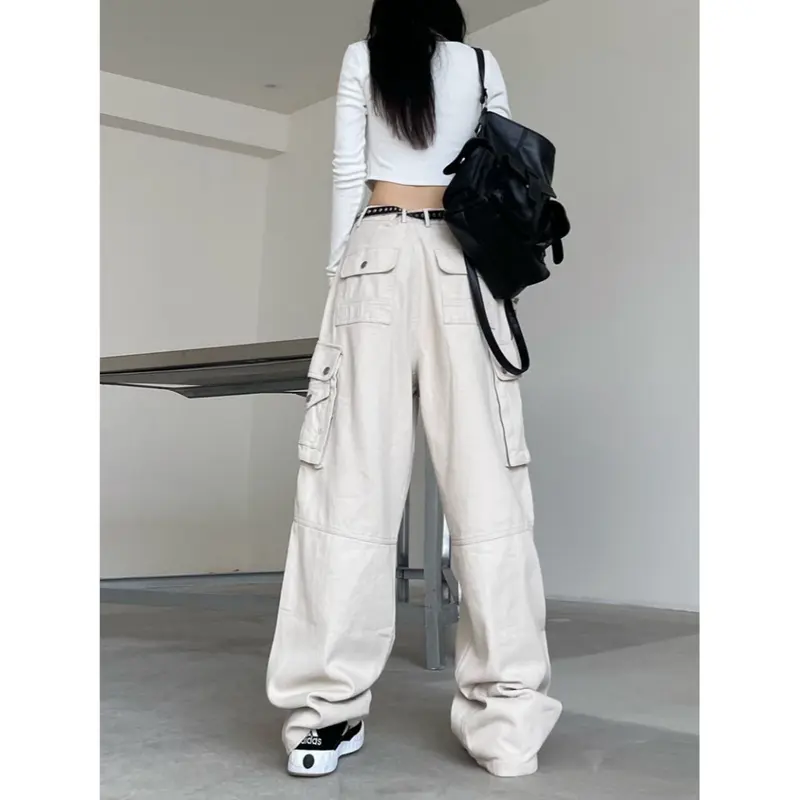 Krem New Highwaist multi pocket cargo Celana Jeans Panjang Wanita 1