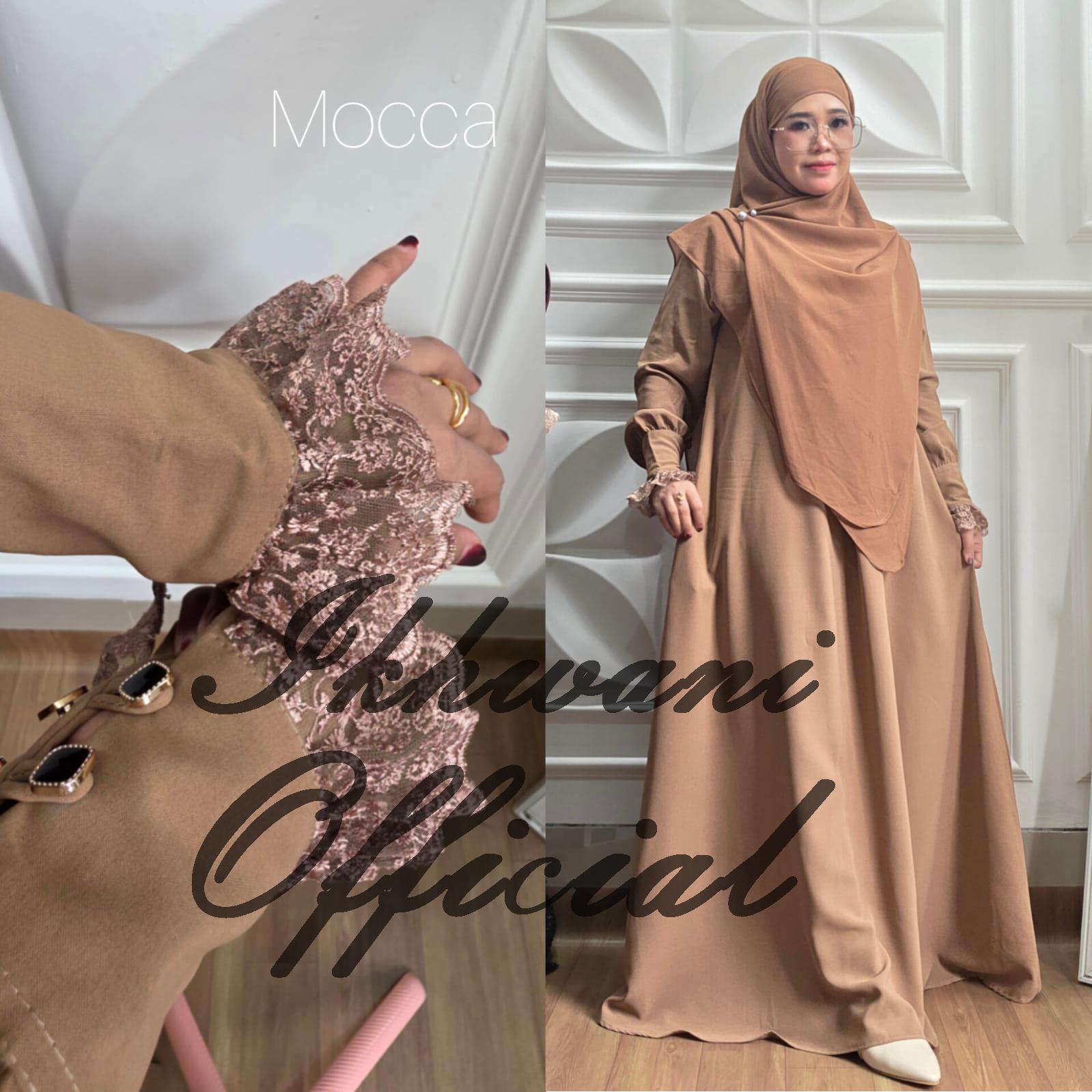 Abaya YASMIN NUA Ikhwani tangan kancing variasi renda Abaya umroh haji muslimah syar'i