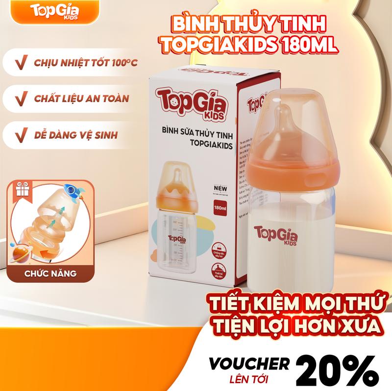 ( BEST SELLER ) Bình sữa thuỷ tinh Topgiakids dung tích 180ml, núm ti silicon siêu mềm, chống đầy hơi cho bé, thân bình thủy tinh, an toàn không BPA, dễ vệ sinh, bình sữa cho bé từ sơ sinh (TDN)