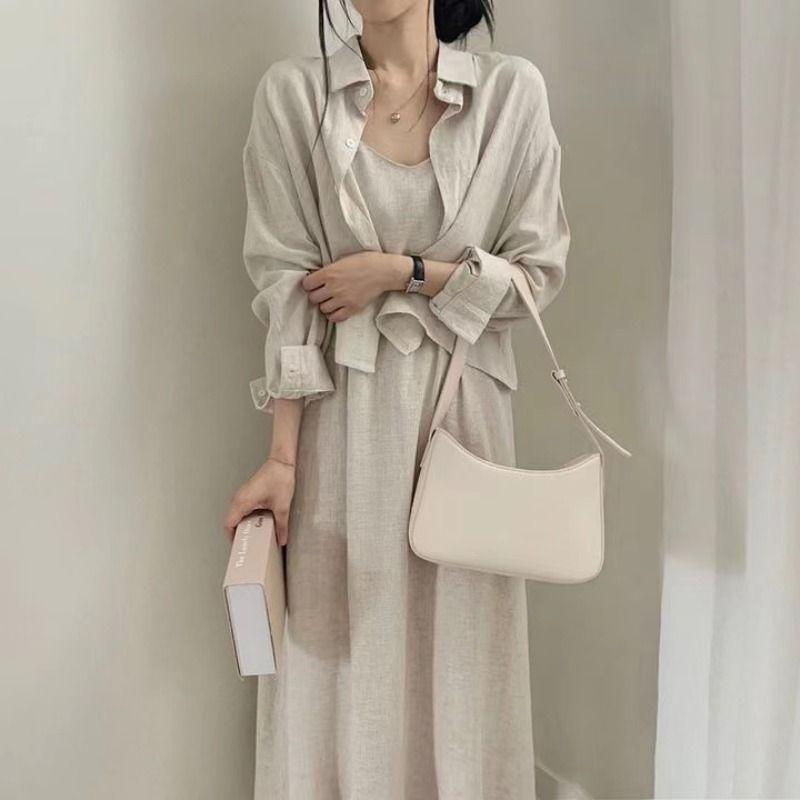 Bộ Đồ Hai Mảnh, Phong Cách Hàn Quốc Sang Trọng, Phong Cách Pháp, Cổ Điển Và Thanh Lịch, Trẻ Trung Và Gợi Cảm, Váy Hai Dây, Áo Khoác Sơ Mi, Dành Cho Nữ, Thích Hợp Cho Mùa Hè 4