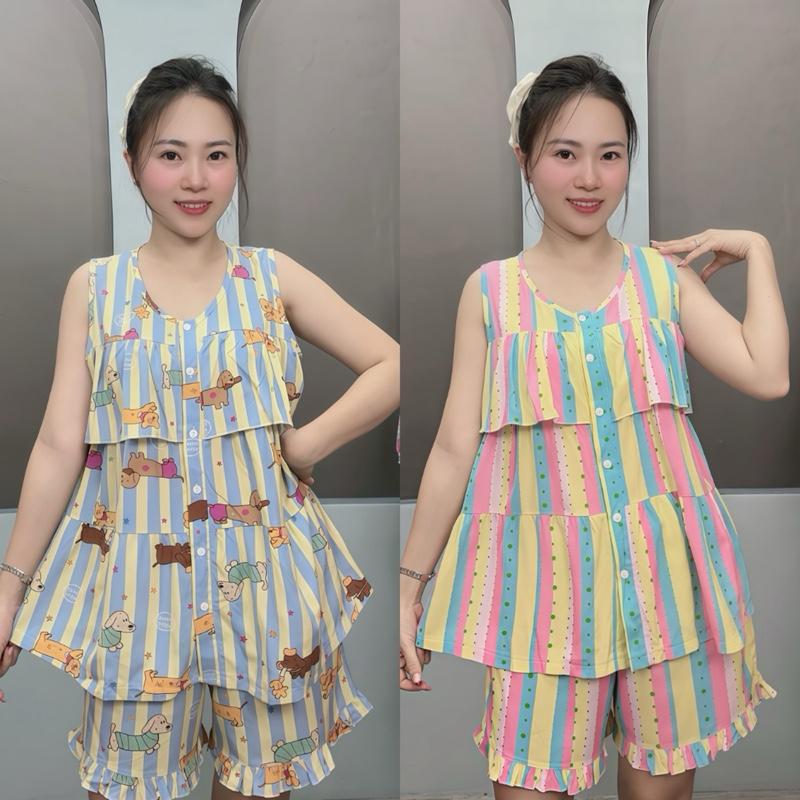 TL251- Đồ Bộ Nữ Măc Nhà Quần Đùi Áo Bèo Ngực Phối Nút Hoạ Tiết Dễ Thương Chất Tole Lanh 2 Da Mềm Mịn Mát Thấm Hút Mồ Hôi Có size Nữ Voi Nhung Women