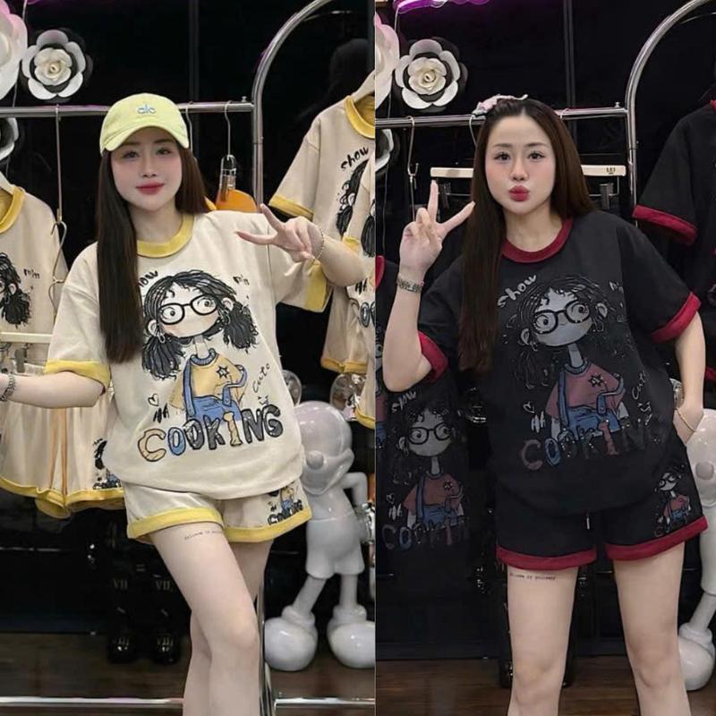 Bộ đồ nữ mặc nhà chất cotton su phom rộng set bộ đùi mùa hè bộ quần áo in cooking