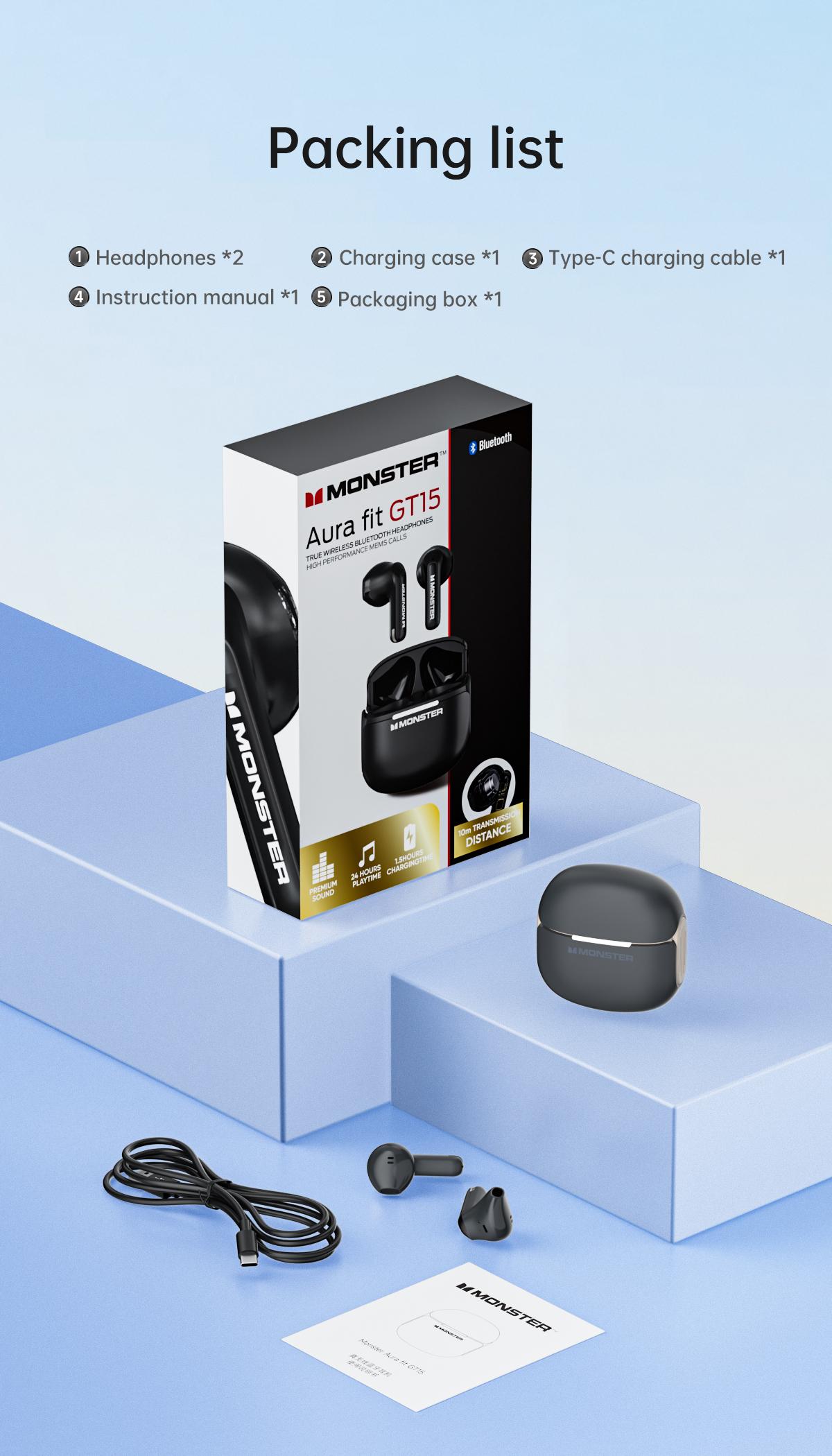 Monster GT15 Wireless Earphone Bluetooth 5.4 HD Panggilan Pengurangan Kebisingan Latensi Rendah Sport Earbuds dengan Mic 300mAh Baterai 24H Waktu Main