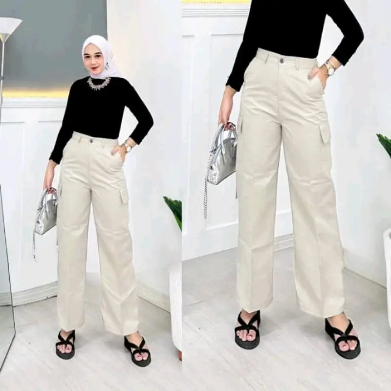Celana Cargo Wanita Highwaist Premium Pants Wanita Korea Style Kulot Panjang Dewasa Loose Kantor Katun Melar Casual Kerja Basic Formal  Hitam Stretch