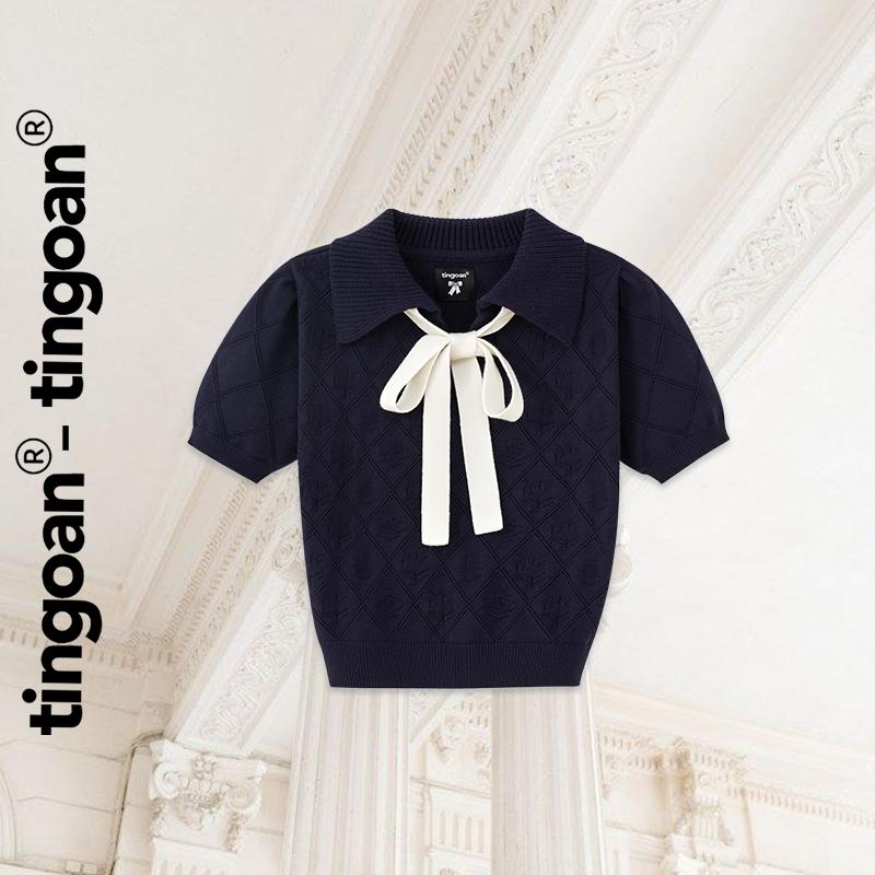 TINGOAN - Áo len xanh than crop bề mặt len hoạ tiết quả trám buộc nơ YURI YURI TOP DB