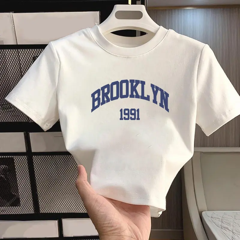YIYOYI  O130 Baju Cetak Pola Monogram Print Wanita Crop Top Ketat Putih Polos Wanita Korea Print Street Style Basic T-Shirt Pendek Tee Kaos Atasan Combed