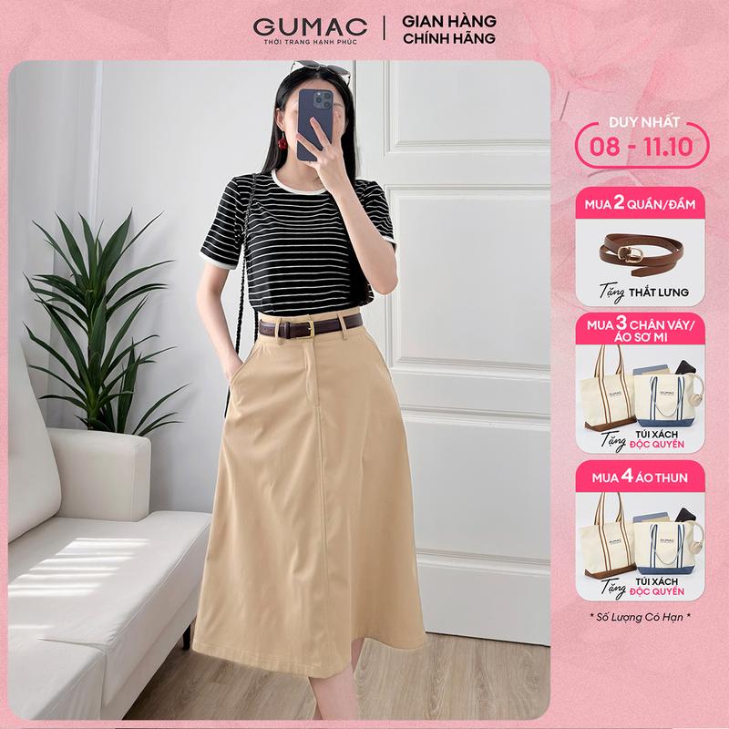 [MUA 3 TẶNG TÚI XÁCH] Chân váy nữ dáng midi kiểu thời trang Gmorning - GUMAC YVF01052 Thun Women Kaki