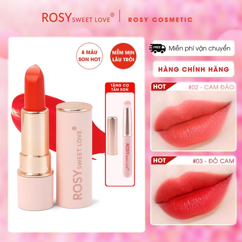 SON SÁP LÌ Rosy Sweet Love - Lên màu chuẩn, dưỡng mềm môi, son sáp lì, son môi Nữ Cosmetic Mỹ Phẩm Trang Điểm Women [TẶNG CỌ TÁN SON]