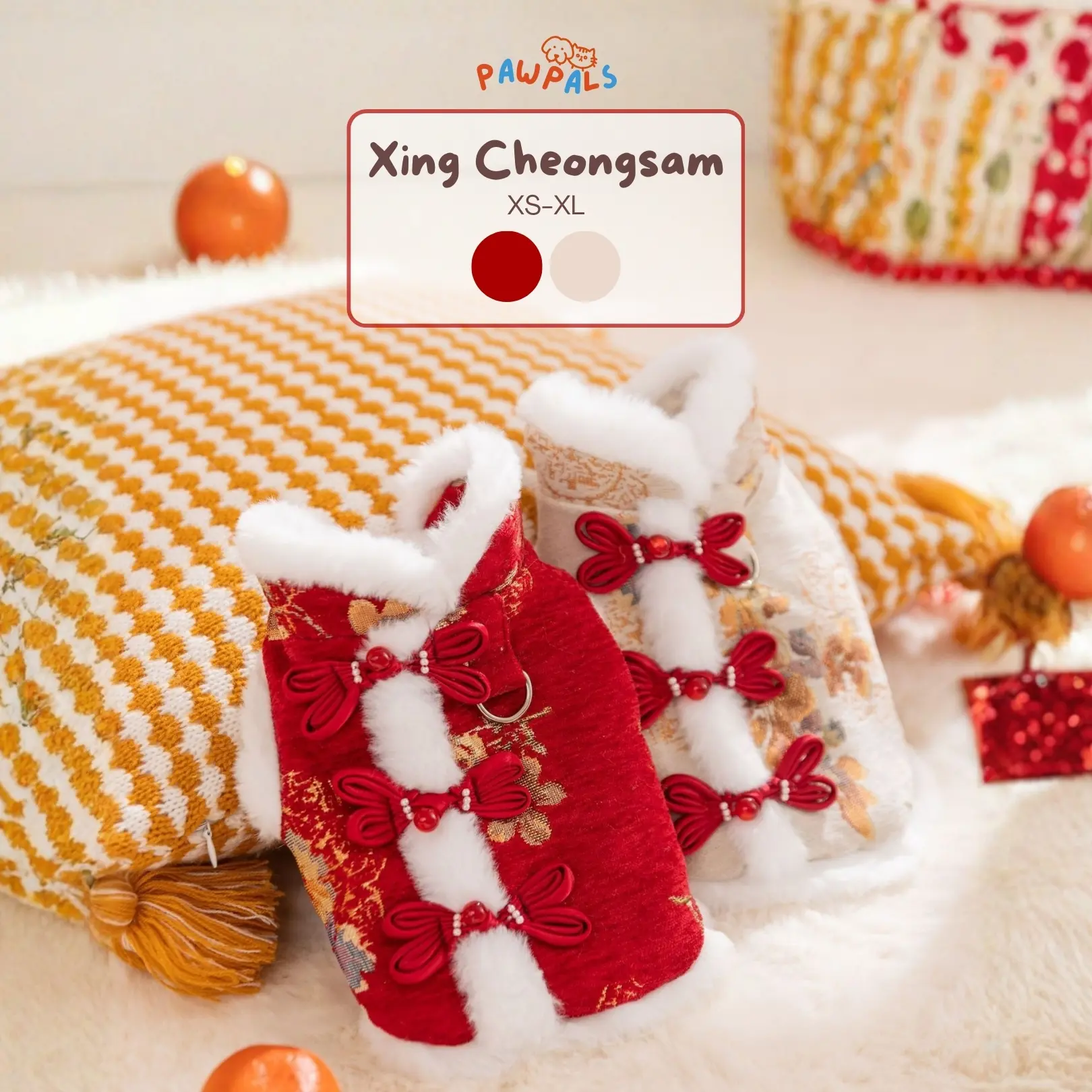 Xing Cheongsam - Baju Anjing Kucing Chinese New Year Imlek CNY Sinciah Biru Jantan Betina Lucu Aesthetic Anggun Mewah Premium Tema Kerajaan Merah Cream