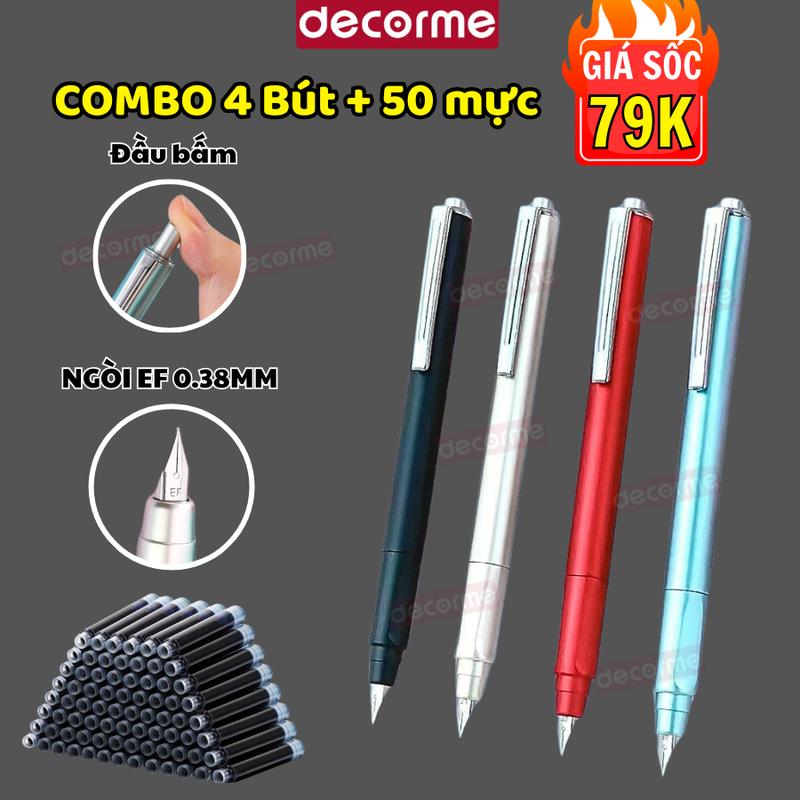 Set 4 Bút máy bấm EF 0.38MM TẶNG 50 ỐNG MỰC 3 màu đen xanh tím Decorme Viết trơn, Ngòi bền, mực bơm và ống mực, có rãnh định vị cầm bút đúng tư thế