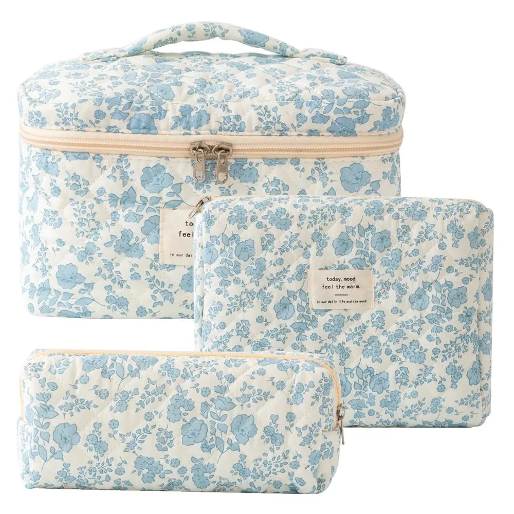 Floral Pattern Quilted Makeup Bag Set, 3 Counts Travel Cosmetic Bags, Large Capacity Zipper Makeup Organizer Pouches, for Skincare, Lotion, Cream, Lip Balm, Eyeliners, Makeup Tools, Travel Essentials, Valentine's Day Gift