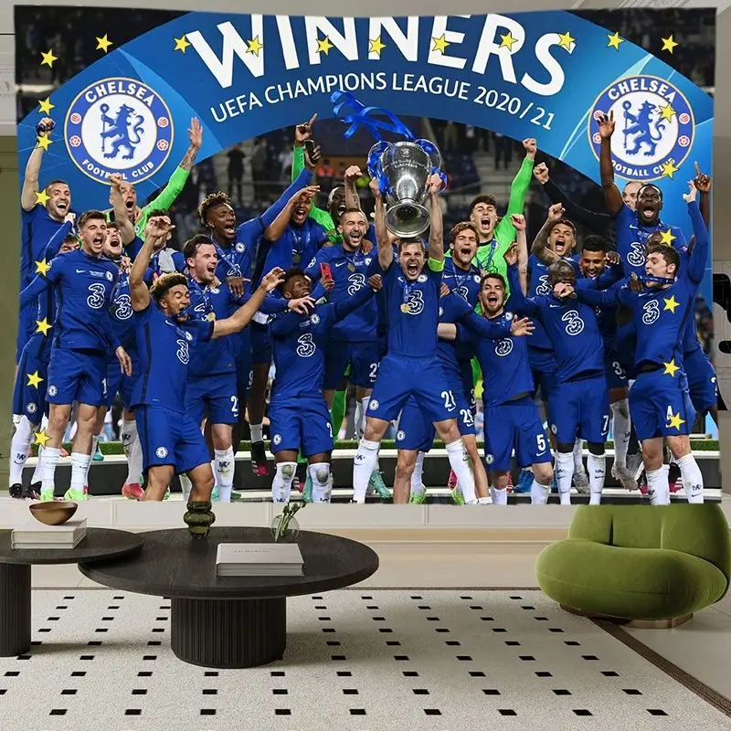 Kain Latar Belakang Bilik Tepi Katil, Bintang Liga Juara-Juara Chelsea Bola Sepak Kelab, Kain Gantung, Hiasan Permaidani Bergaya, Sesuai untuk Bilik Sewa