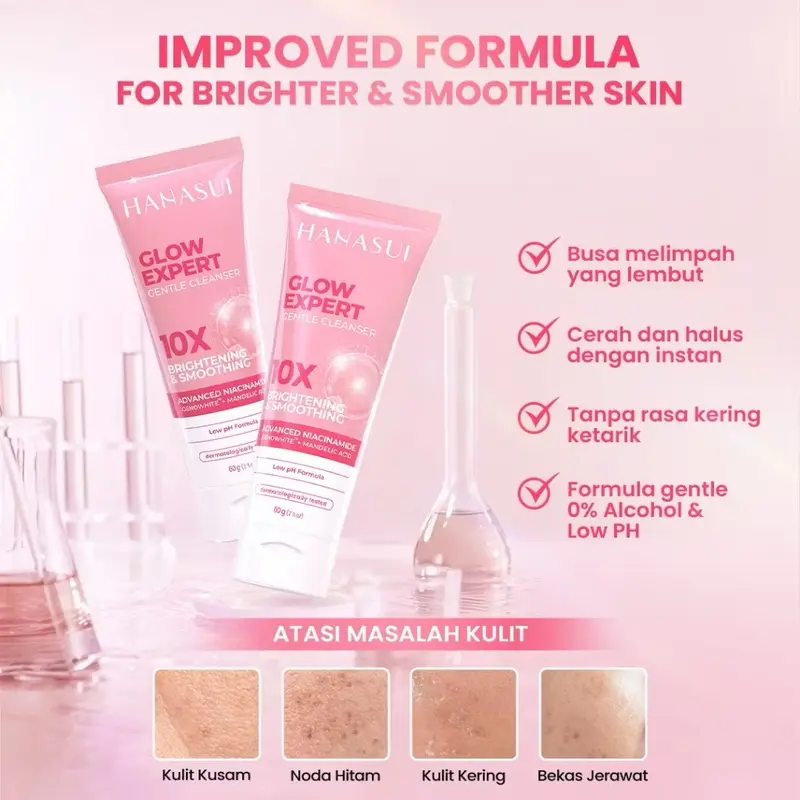 Sabun Cuci Muka Foam Hanasui Glow Expert Gentle Cleanser New Improved Formula - 60ml - Wajah, Facial Wash Wajah Pencuci Mencerahkan Perawatan Berminyak Acid Berjerawat Cleansing Kotoran Membersihkan 3