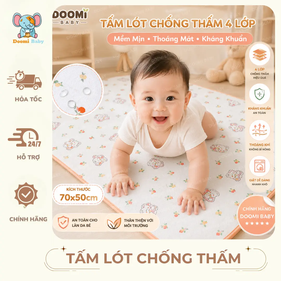[ Giá Siêu Sốc ] Lót Chống Thấm Lót Điều Hòa 4 Lớp Cho Bé Mềm Mịn Thoáng Khí Họa Tiết Đáng Yêu Kích Thước 50*70cm Doomi Baby - HT832 - HT723 - HT843