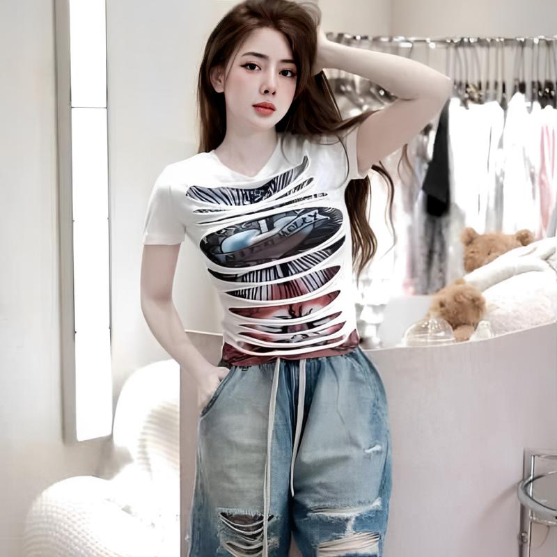 Áo Phông Nữ Rách Phối 2 Lớp Cổ Tròn Hình In Trong - Áo Thun Nữ Hình In Phối Rách Chất Liệu Thun Mềm Mịn Thoáng Mát Top Women Hè 2025