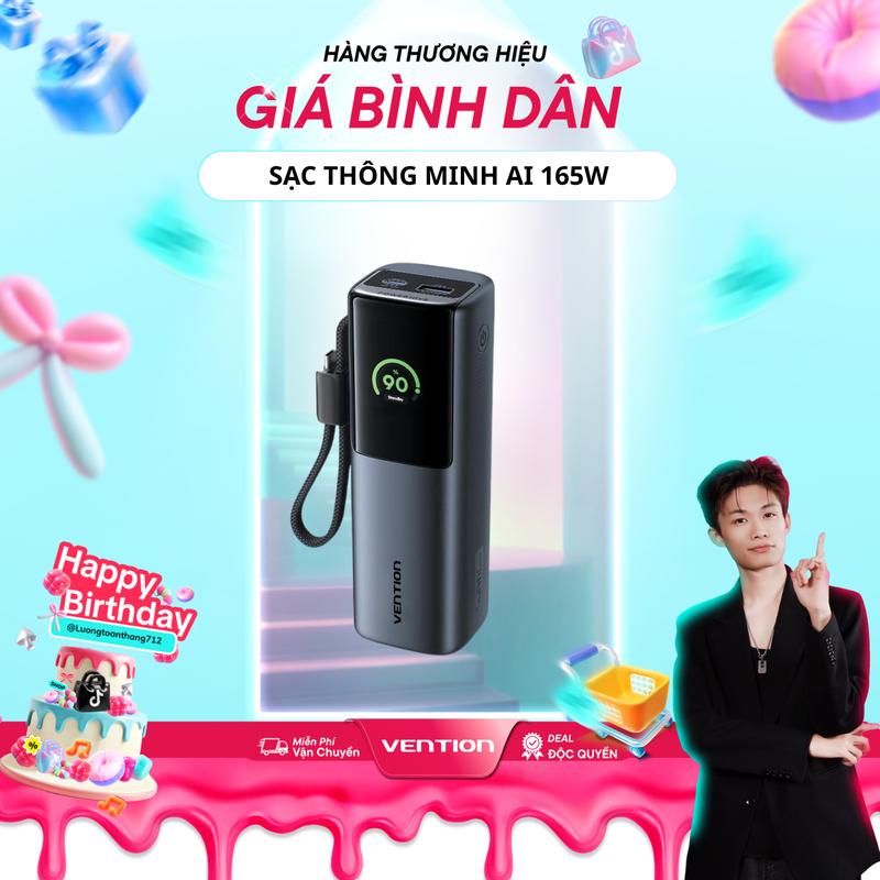 VENTION x Luongtoanthang712 Pin Dự Phòng AI thông minh Vention 20000mAh - sạc nhanh PD 3.0 165W- Tích Hợp AI- Đạt chuẩn hàng không- Quai Cáp Type C - Sức Mạnh 165W- hiển thị màn hình TFT cho máy tính laptop máy tính bảng
