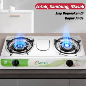 OMICKO Kompor 2 Tungku KM-202 Berbahan Stainless Teflon & Kuningan Api Biru Hemat Gas Aman SNI Garansi 1 Tahun