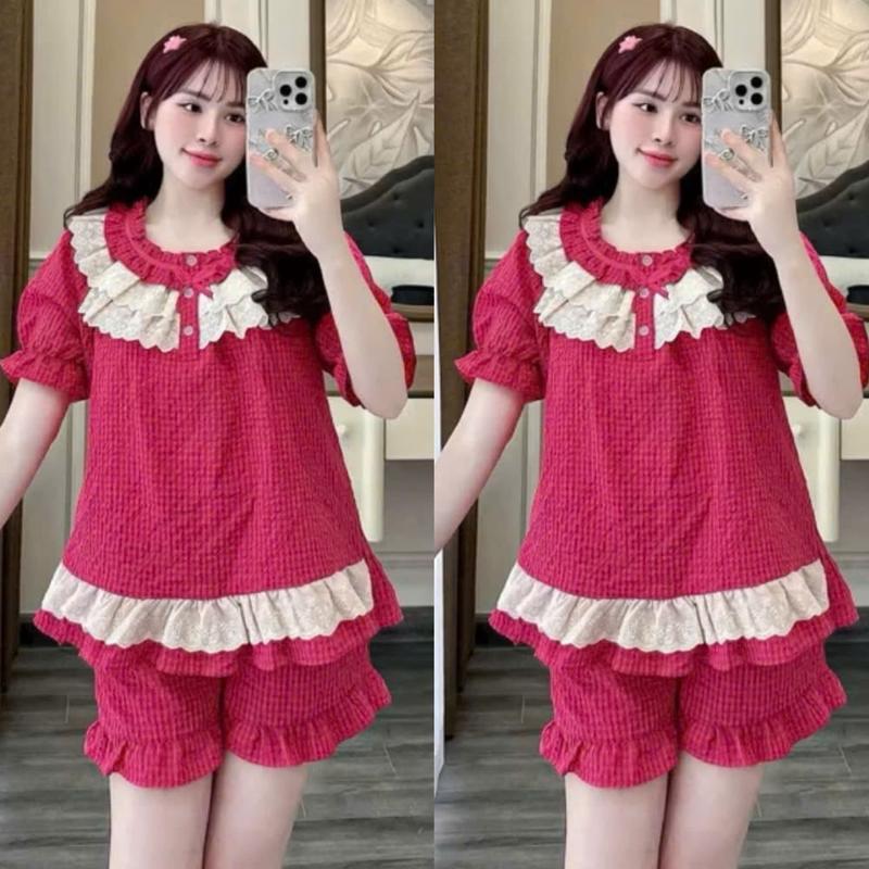 Đồ bộ Pyjama, Set bộ đùi nữ CỘC TAY Họa Tiết CARO NHÍ PHối REN TẦNG Siêu Xinh Cho Nàng - BigSize Hằng Moon