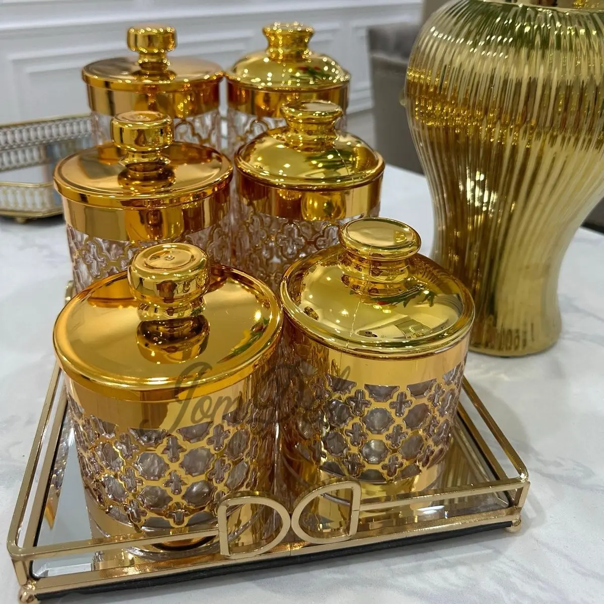 ￼NEW STOCK (1 PCS)PELBAGAI DESIGN CANTIK Acrylic jar Airtight jar Round Canister Gold  balang kuih raya bekas KUIH raya gold (harga untuk sebiji2)