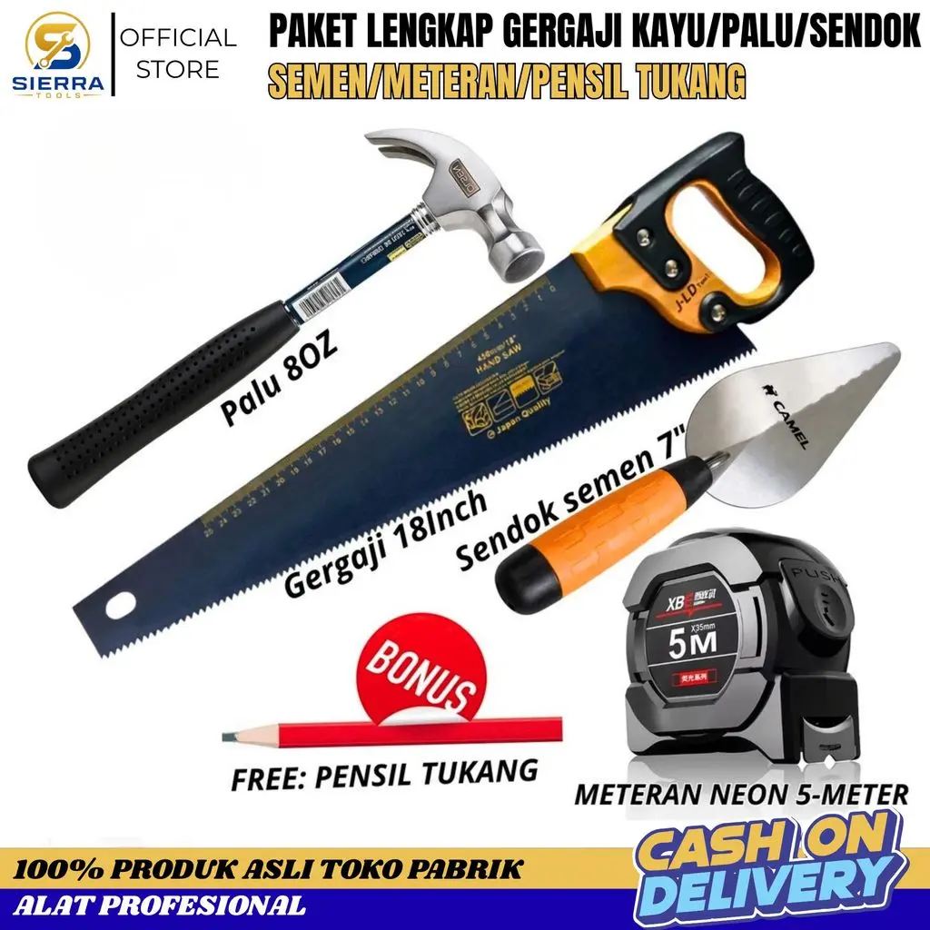 PAKET TUKANG SIAP PAKAI -Gergaji kayu baja asli 18inc gagang fiber - Palu kambing - Sendok semen - Meteran viper
