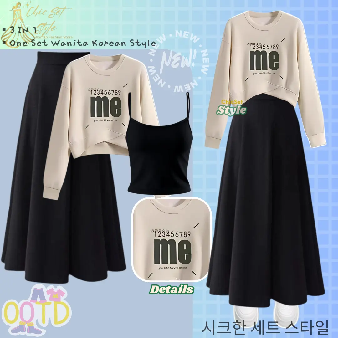 One Set Wanita (Sweater Tangtop Rok Mayung) Baju Korean Style Setelan Perempuan OOTD CS021 Panjang Keren Fit Nyaman Top Atasan Fleece Mix Sablon Casual Remaja Bawahan Hitam Dewasa Kekinian Oversize Scuba Crop Rib Tebal Santai Pesta