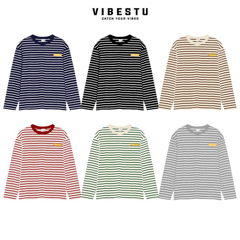 Áo Thun Tay Dài Sọc Kẻ Form Boxy VIBESTU '' Logo vàng '' Áo Longsleev Unisex Cotton 250Gsm Menswear