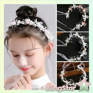 BlingStar Bando Mahkota Princess Korea Motif Bunga Mutiara Putih Elegan Untuk Pengantin & Pesta Anak C106 Aksesori Rambut Cantik