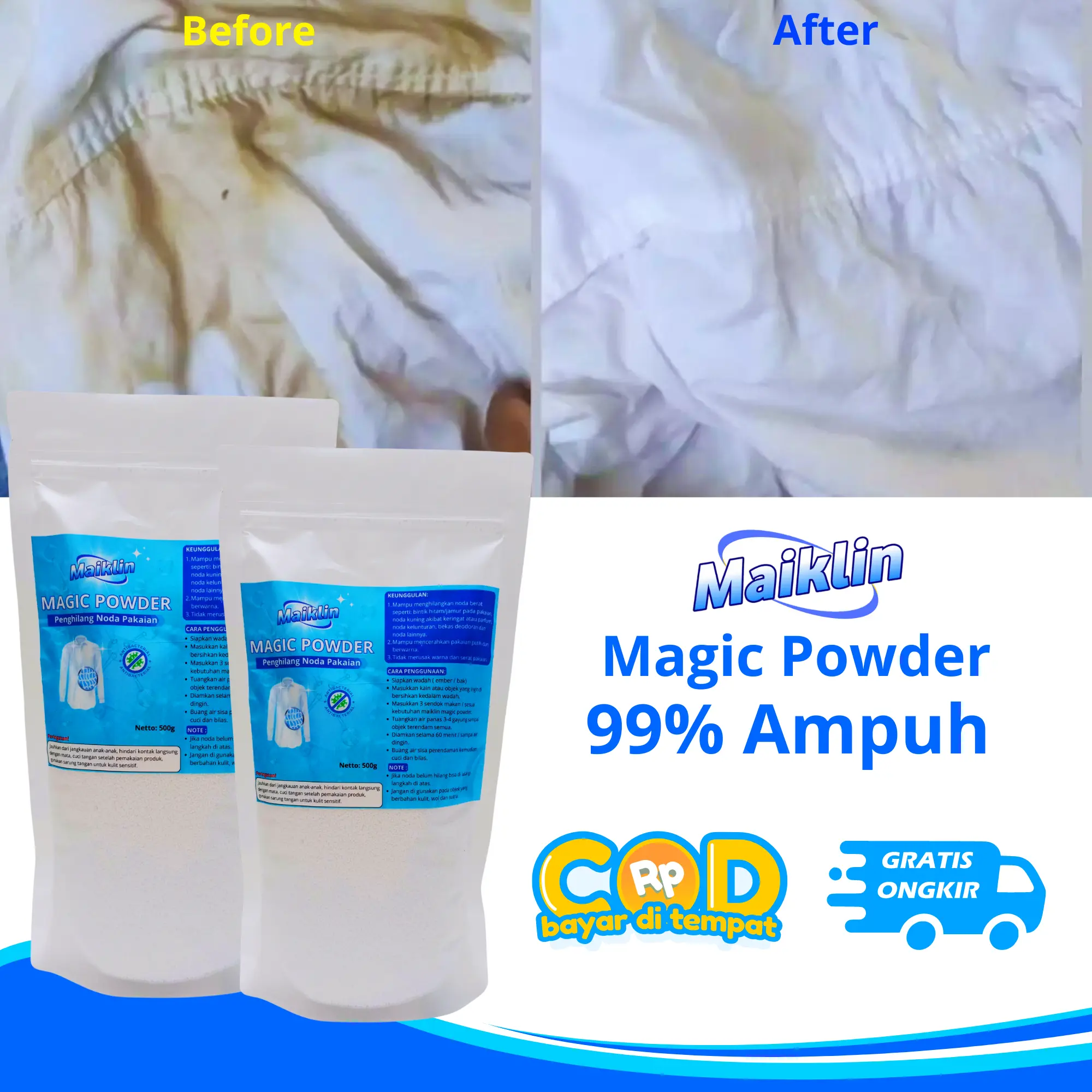 Maiklin magic powder Serbuk ajaib Penghilang noda Membandel di baju putih dan warna Penghilang jamur pada kain Pencerah warna kusam fabric cleaner