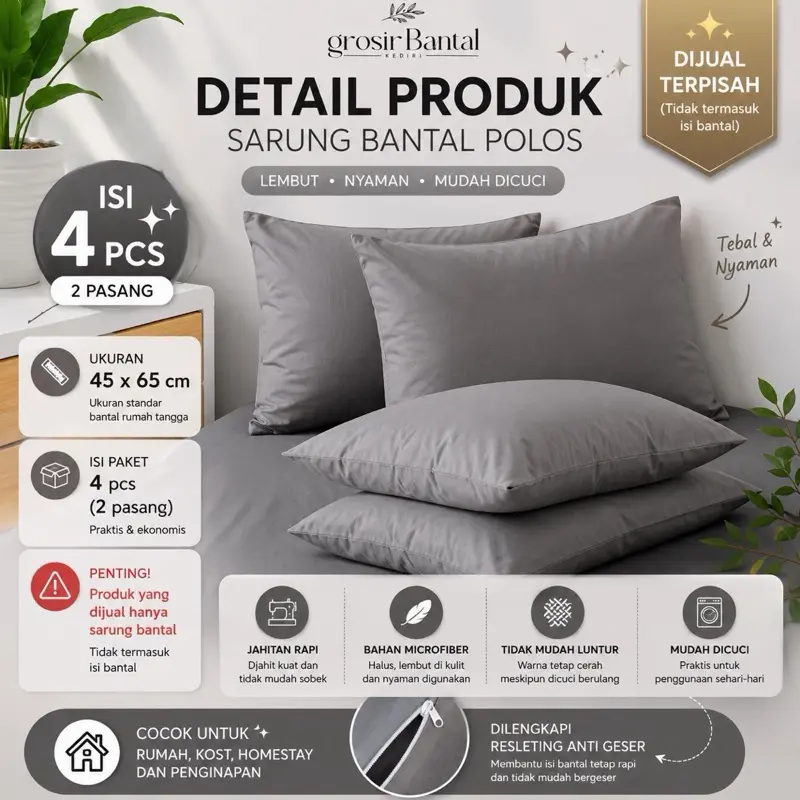 Sarung Bantal Polos 45X65cm Paket Hemat Isi 4pcs Bahan Disperse Premium Resleting Kado Lucu Hemat BantalEstetik