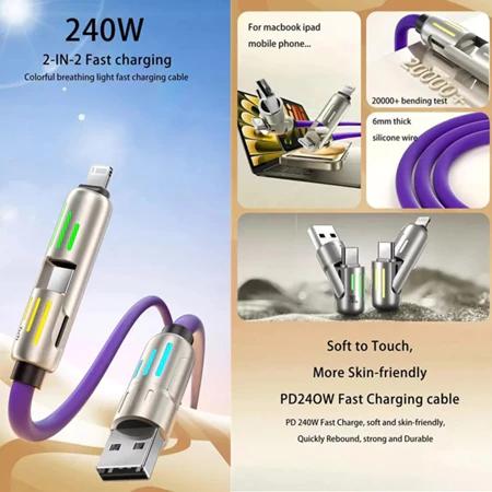 Cáp dữ liệu, Chức năng 4 trong 1, Sạc siêu nhanh, USB Type C, Chất liệu silicon lỏng, Hợp kim nhôm, Công suất 240W 3