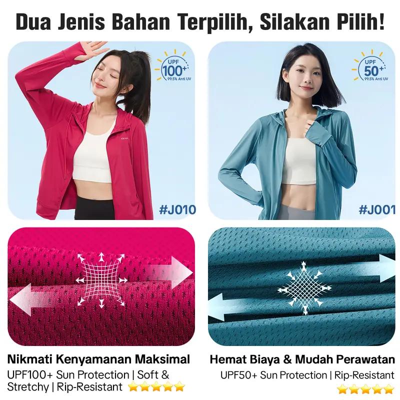 Jaket Anti UV Wanita Bahan Ice Silk Bernapas dengan Topi, Jaket Luar Ruangan Anti Sinar UV UPF50+, Pakaian Anti UV untuk Olahraga & Santai