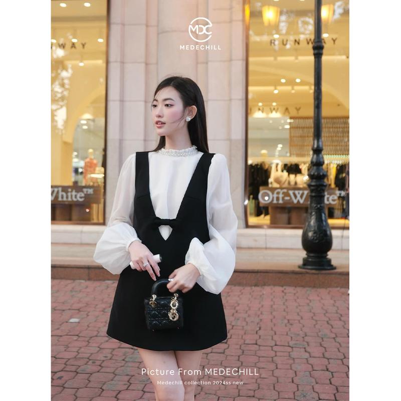 MEDECHILL Set Váy Yếm Dáng Chữ A Tiểu Thư Phối Áo Tơ Dài Tay Bồng Cổ Đá Set Dạo Phố Dự Tiệc Xinh Sang S587