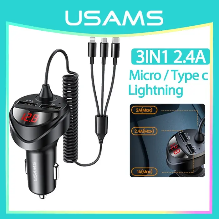 2024 New+COD+spot stocks Yontaidi car charger with retractable three in one USB cable for fast charging 3.0 USB charging suitable for iPhone 12 Pro Max USB C model suitable for Samsung