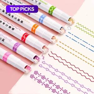 Set de 6 plumones con formas de curvas únicas, colores variados, ideales para tomar notas y dibujar creativamente