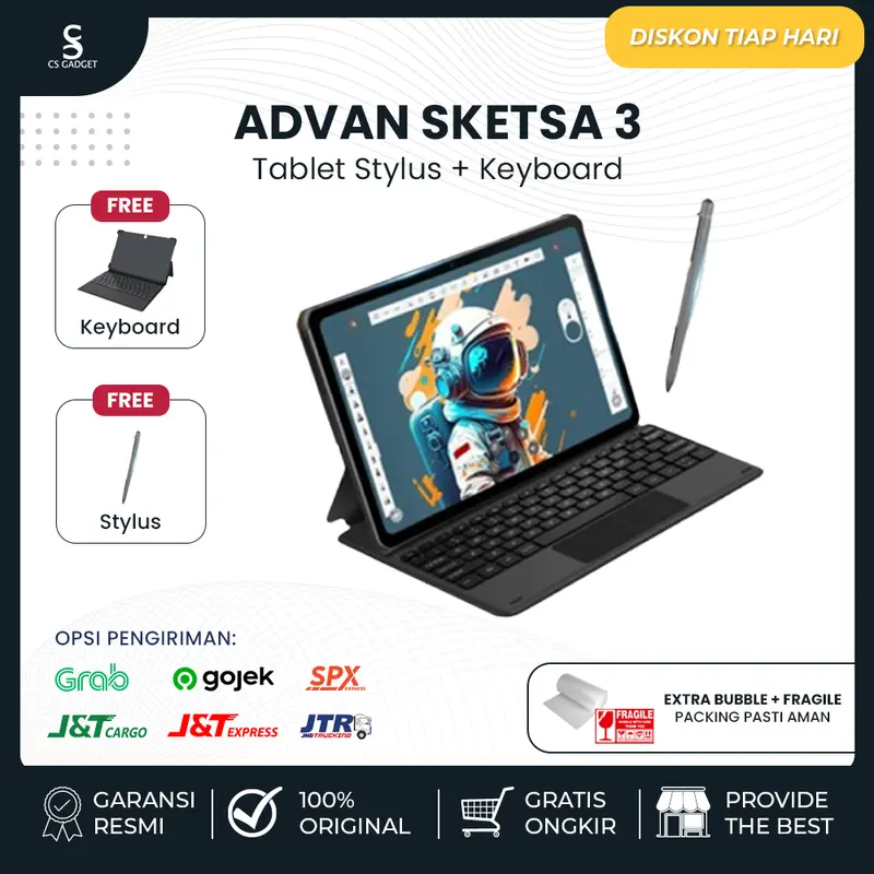 Advan Tab Sketsa 3 Layar 10.1” HD IPS 128GB+RAM 6GB Tiger T606 Android 13 Dual Sim Card Free Keyboard & Stylus Pen | Sketsa 3 Advan 0