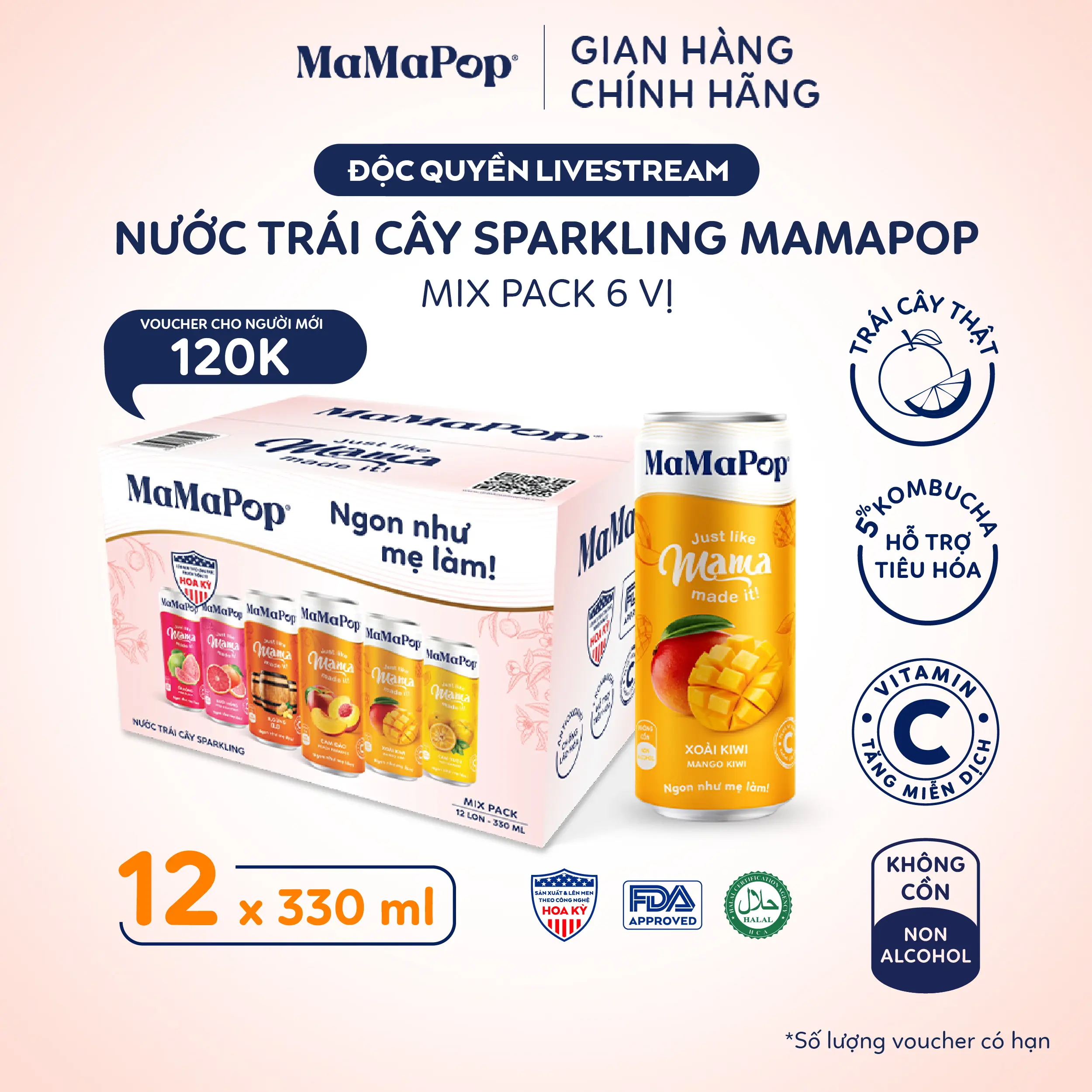 Nước trái cây sparkling MaMaPop mix 6 vị (330ml/12 lon)