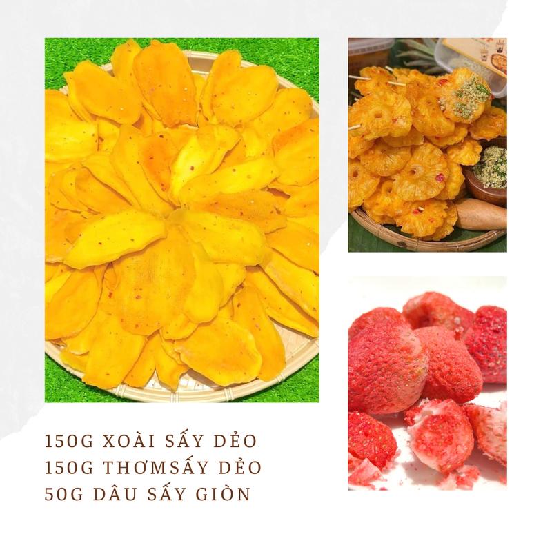 CB NGON Gồm 50g Dâu Sấy 150g Thơm 150g Xoài Sấy Dẻo Muối Ớt Dâu Tây Sấy Khô Giòn Nguyên Trái to Chua 7 Ngọt 3 Khóm Sấy dẻo Dứa Sấy Dẻo Ăn Vặt Ngon Trái Cây sấy