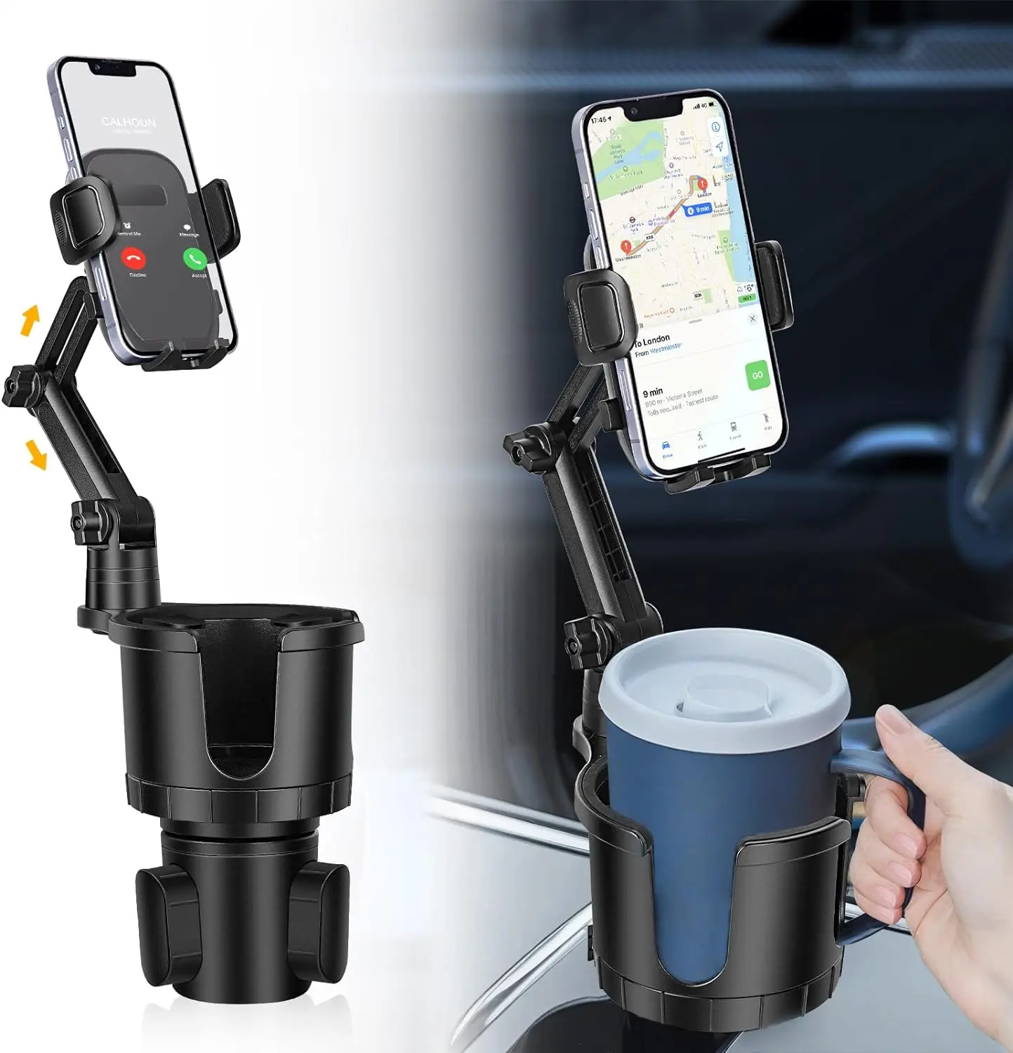 Cup Holder Phone Mount for Car with Expandable Base, 2-1 Phone Holder Car Cupholder Exptender Adapter for 10-40oz Drink Bottles, Mugs and Phone Holder for Car Fits All Smartphone