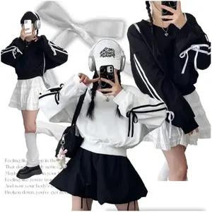 Sweater Wanita Sunmi List Oversize Crewneck Oblong Korean Style Sweatshirt Atasan Hoodie Panjang Fleece Outer