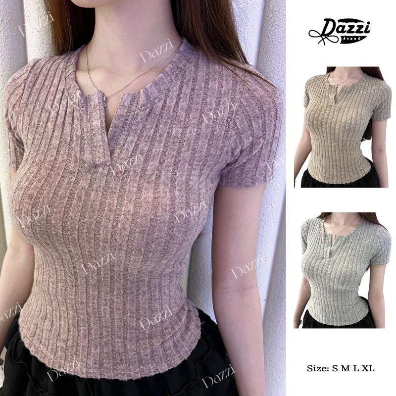Áo thun nữ cổ trụ tàu tay ngắn vải len nhung đũa form ôm tôn dáng DAZZI Women