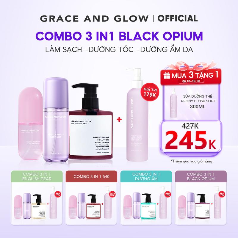 [Tặng dưỡng thể]  Combo 3 in 1 sữa tắm và xịt dưỡng tóc và Body Mist Grace and Glow Nước Hoa Black Opium/English Pear/540  Dưỡng Ẩm Sáng Da Căng Bóng Tẩy Tế Bào Chết Cho Nữ lăn khử mùi nữ